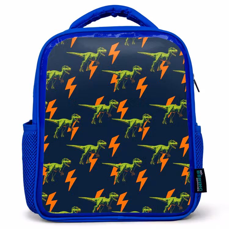 Bliksemschichten - Oranje - Dinosaurussen Kinderrugzak - Blauw middel -3d