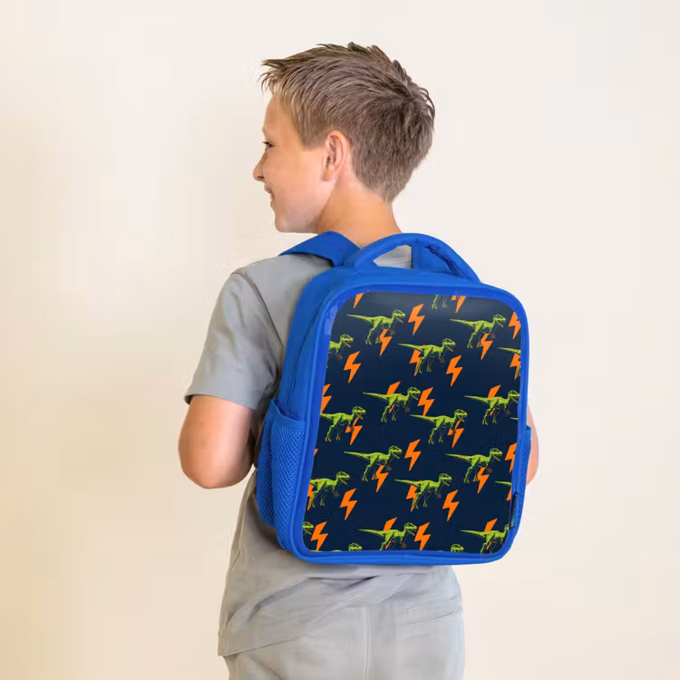Bliksemschichten - Oranje - Dinosaurussen Kinderrugzak - Blauw middel -sfeer2