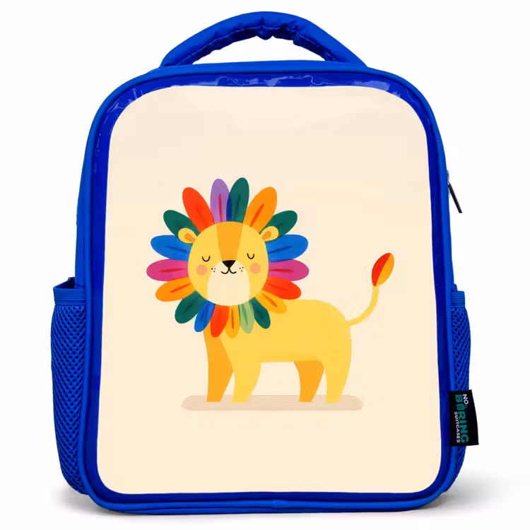 Leeuw - Kleurrijke manen - Beige Kinderrugzak - Blauw middel -3d