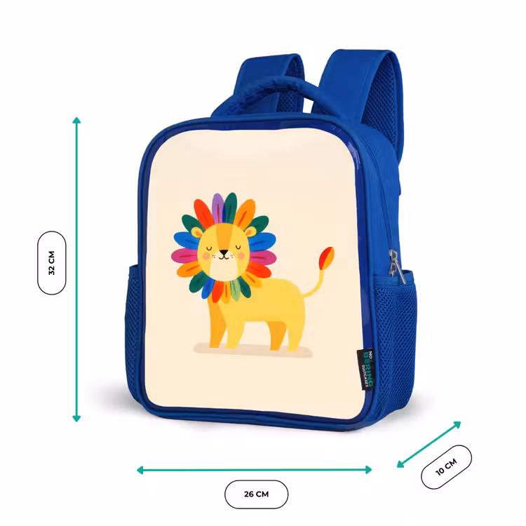 Leeuw - Kleurrijke manen - Beige Kinderrugzak - Blauw middel -productfoto_formaten