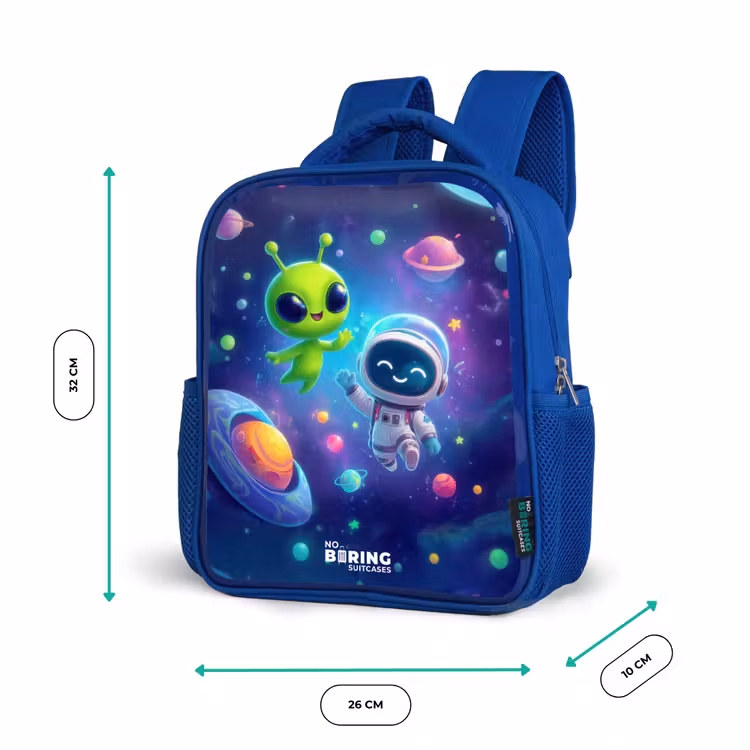 Vrolijke Ontmoeting in de Ruimte Kinderrugzak - Blauw middel -productfoto_formaten