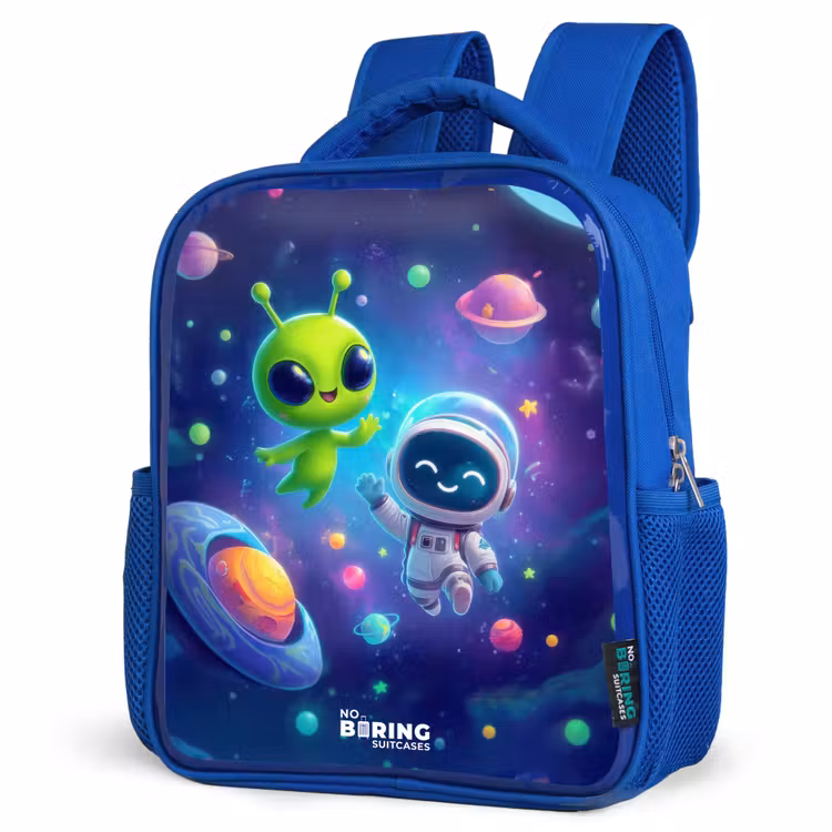 Vrolijke Ontmoeting in de Ruimte Kinderrugzak - Blauw middel -schuin