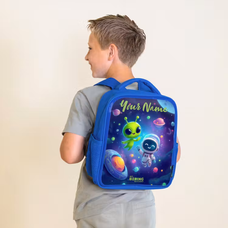 Vrolijke Ontmoeting in de Ruimte Kinderrugzak - Blauw middel -sfeer2