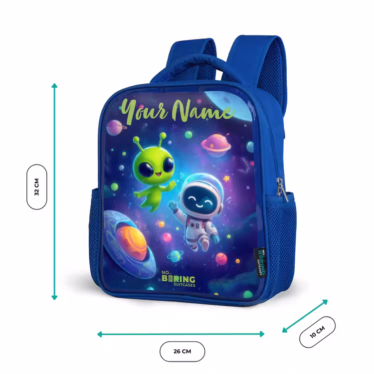 Vrolijke Ontmoeting in de Ruimte Kinderrugzak - Blauw middel -productfoto_formaten