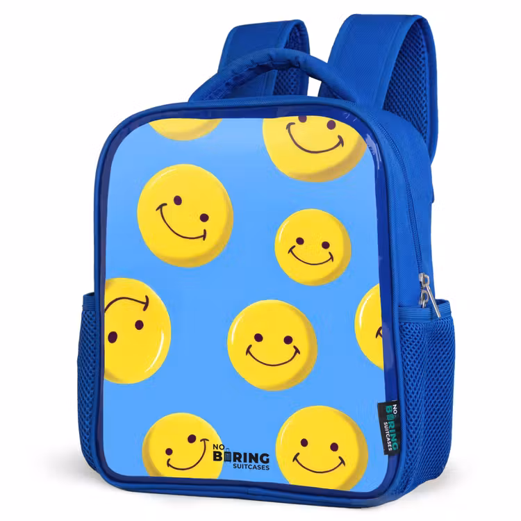 Vrolijke smileyregen Kinderrugzak - Blauw middel -schuin