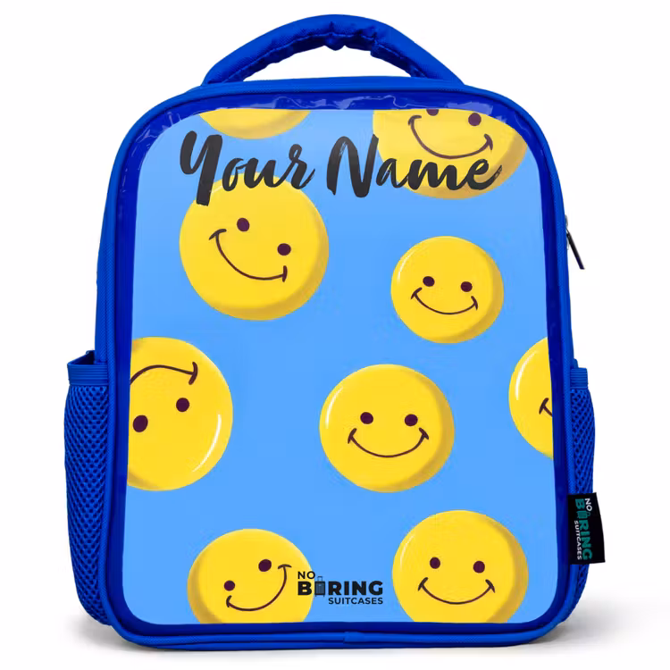 Vrolijke smileyregen Kinderrugzak - Blauw middel -3d