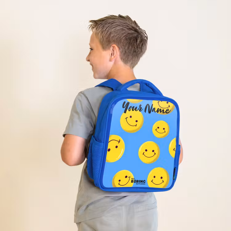 Vrolijke smileyregen Kinderrugzak - Blauw middel -sfeer2
