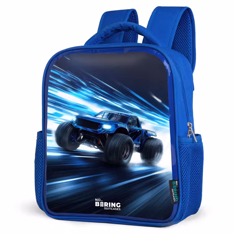 Monstertruck raast door lichtsnelheid Kinderrugzak - Blauw middel -schuin