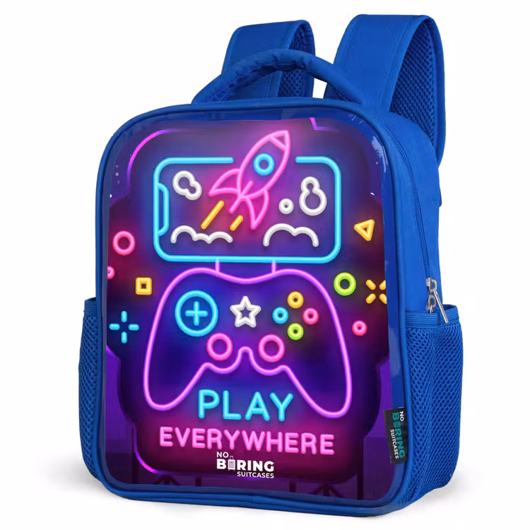 Neonillustratie met een controller Kinderrugzak - Blauw middel -schuin