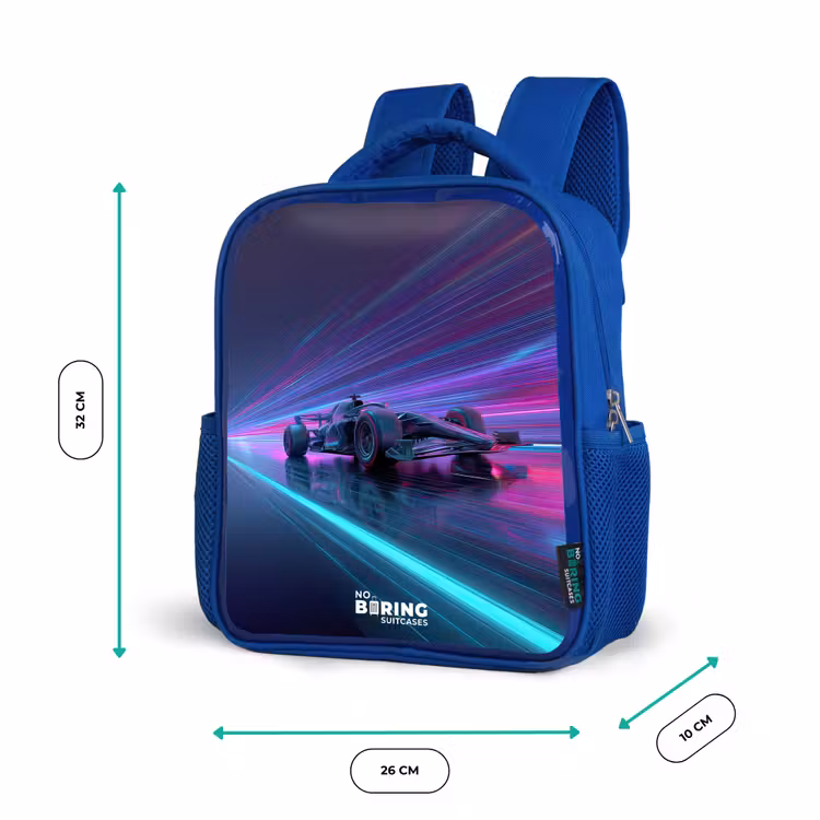 Neon - Raceauto - Lichtstrepen - Paars Kinderrugzak - Blauw middel -productfoto_formaten