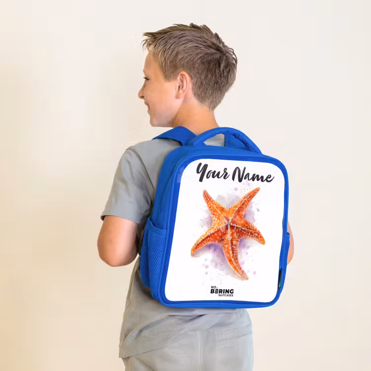 Oranje Zeester Illustratie Kinderrugzak - Blauw middel -sfeer2
