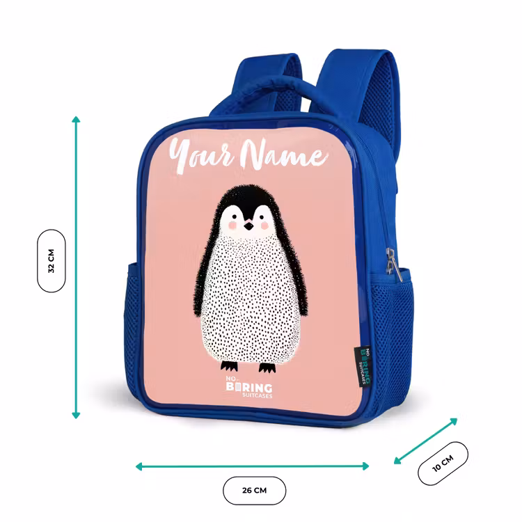 Pinguïn - Stippen - Roze - Minimalistisch Kinderrugzak - Blauw middel -productfoto_formaten