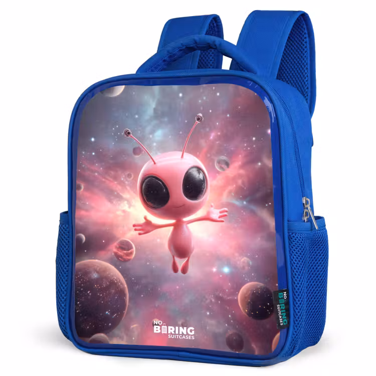 Roze Alien in Sterrennevel Kinderrugzak - Blauw middel -schuin