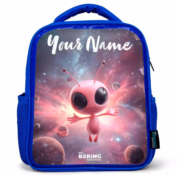 Roze Alien in Sterrennevel Kinderrugzak - Blauw middel -3d