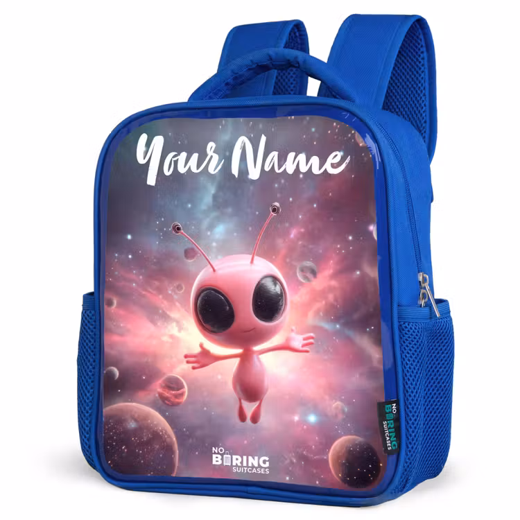 Roze Alien in Sterrennevel Kinderrugzak - Blauw middel -schuin