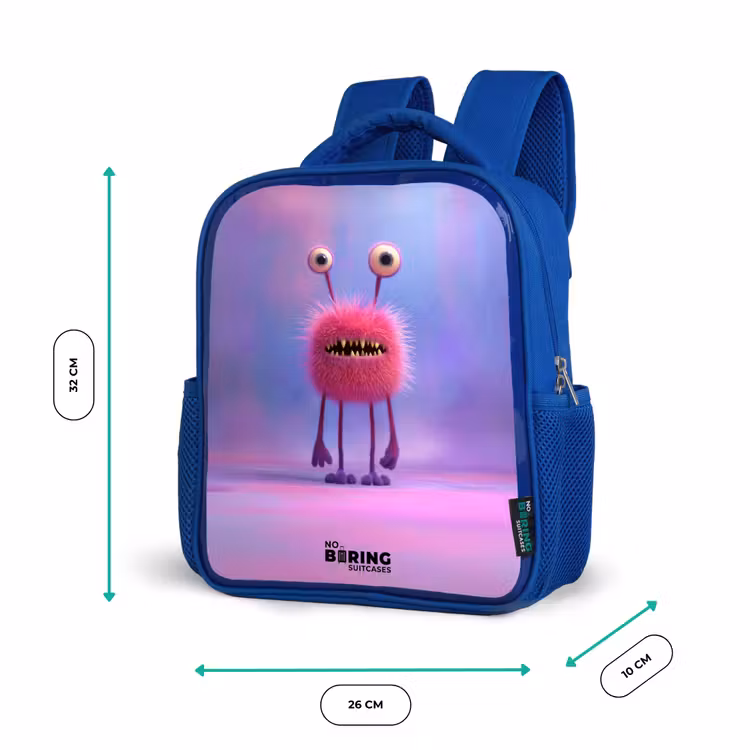 Roze harig monster met grote ogen Kinderrugzak - Blauw middel -productfoto_formaten