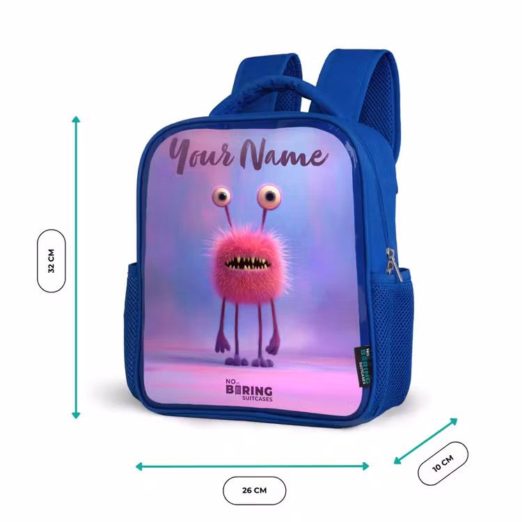 Roze harig monster met grote ogen Kinderrugzak - Blauw middel -productfoto_formaten
