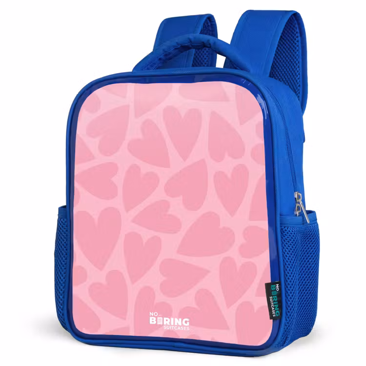 Roze hartjes patroon Kinderrugzak - Blauw middel -schuin