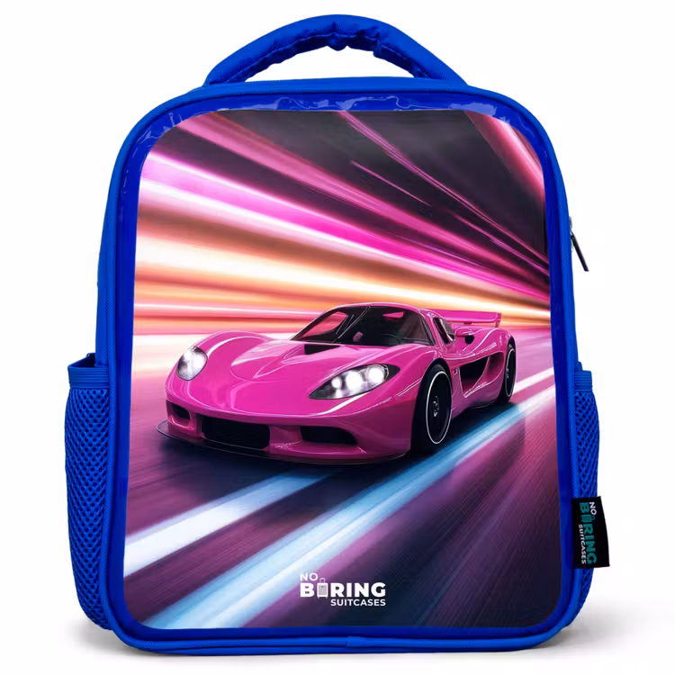 Roze raceauto flitst door neonlicht Kinderrugzak - Blauw middel -3d