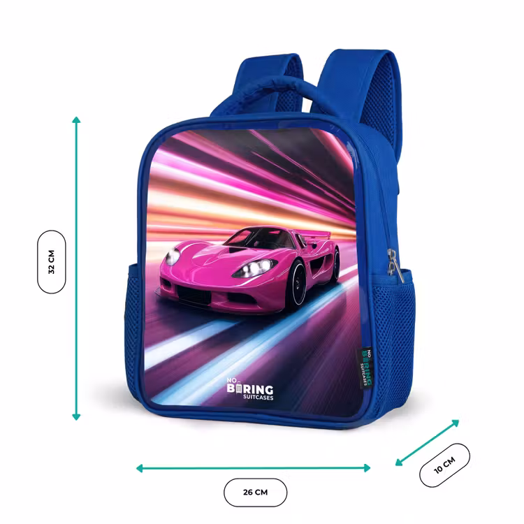 Roze raceauto flitst door neonlicht Kinderrugzak - Blauw middel -productfoto_formaten