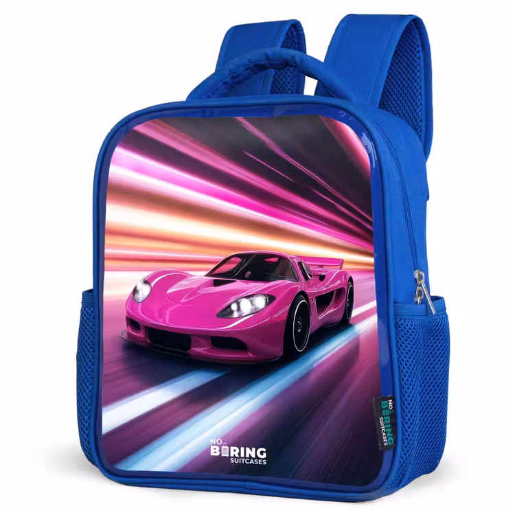 Roze raceauto flitst door neonlicht Kinderrugzak - Blauw middel -schuin