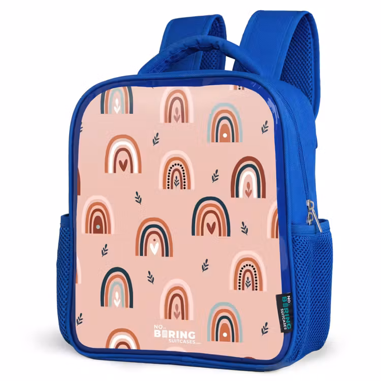 Roze regenbogen patroon Kinderrugzak - Blauw middel -schuin