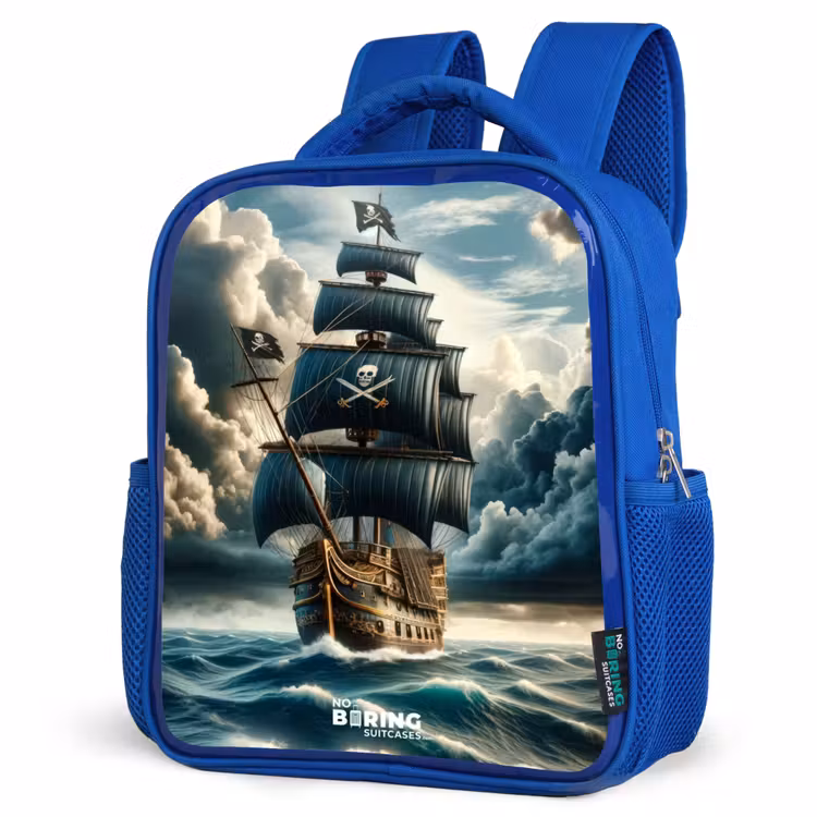 Piratenschip op een woeste zee Kinderrugzak - Blauw middel -schuin