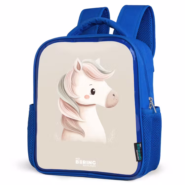 Pony in roze pastel kleuren Kinderrugzak - Blauw middel -schuin