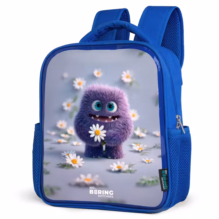 Paars Pluizig Vriendje met Madelief Kinderrugzak - Blauw middel -schuin