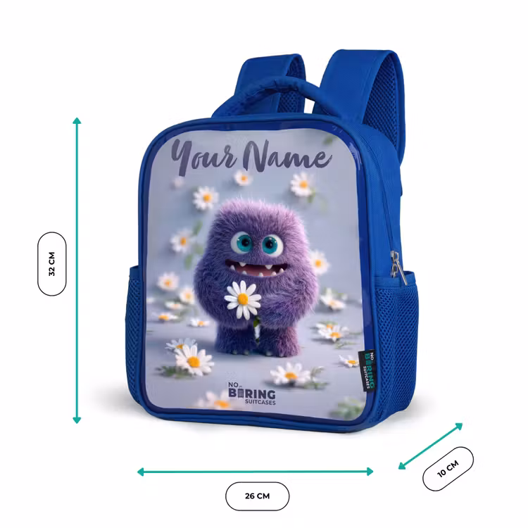 Paars Pluizig Vriendje met Madelief Kinderrugzak - Blauw middel -productfoto_formaten