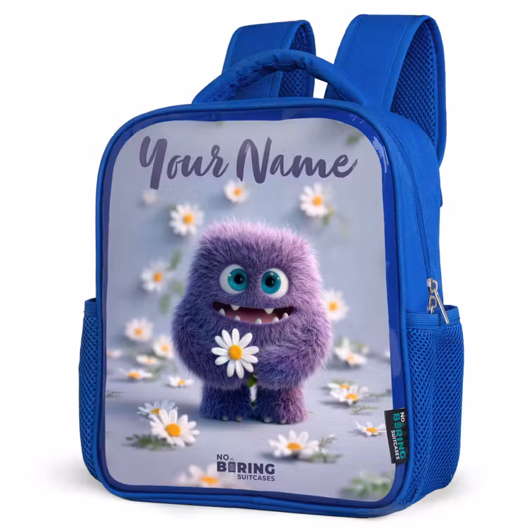 Paars Pluizig Vriendje met Madelief Kinderrugzak - Blauw middel -schuin