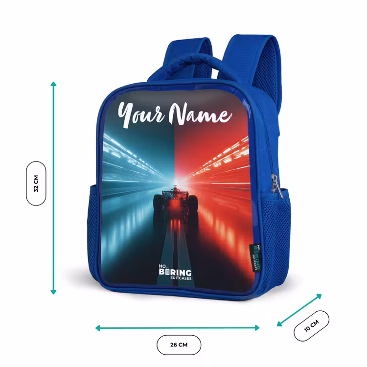 Raceauto - Verlichting - Neon - Rood Kinderrugzak - Blauw middel -productfoto_formaten