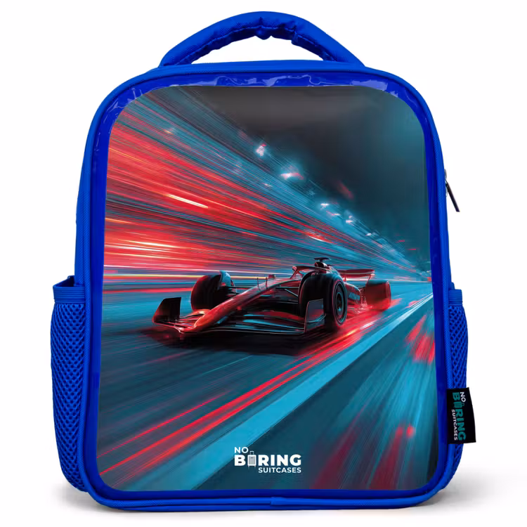 Raceauto - Baan - Neon - Verlichting Kinderrugzak - Blauw middel -3d