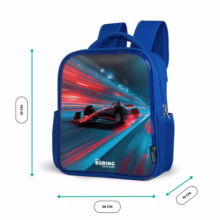 Raceauto - Baan - Neon - Verlichting Kinderrugzak - Blauw middel -productfoto_formaten