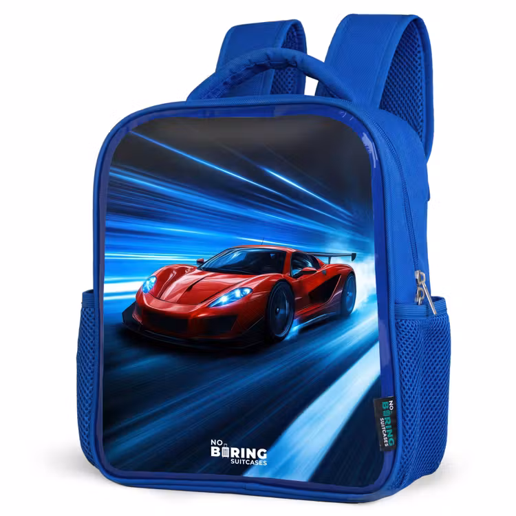 Rode racewagen in digitale snelheidswereld Kinderrugzak - Blauw middel -schuin
