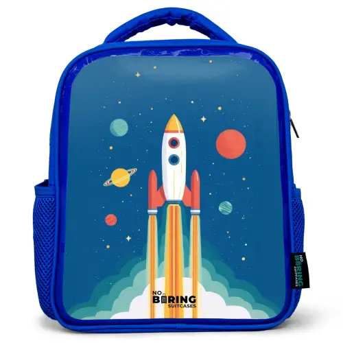 Raket - Planeet - Sterren - Veelkleurig Kinderrugzak - Blauw middel -3d