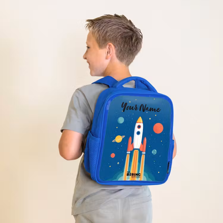 Raket - Planeet - Sterren - Veelkleurig Kinderrugzak - Blauw middel -sfeer2