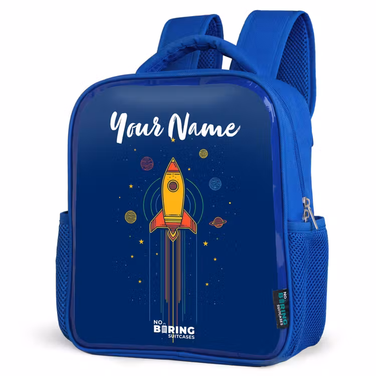 Raket - Planeten - Sterren Kinderrugzak - Blauw middel -schuin