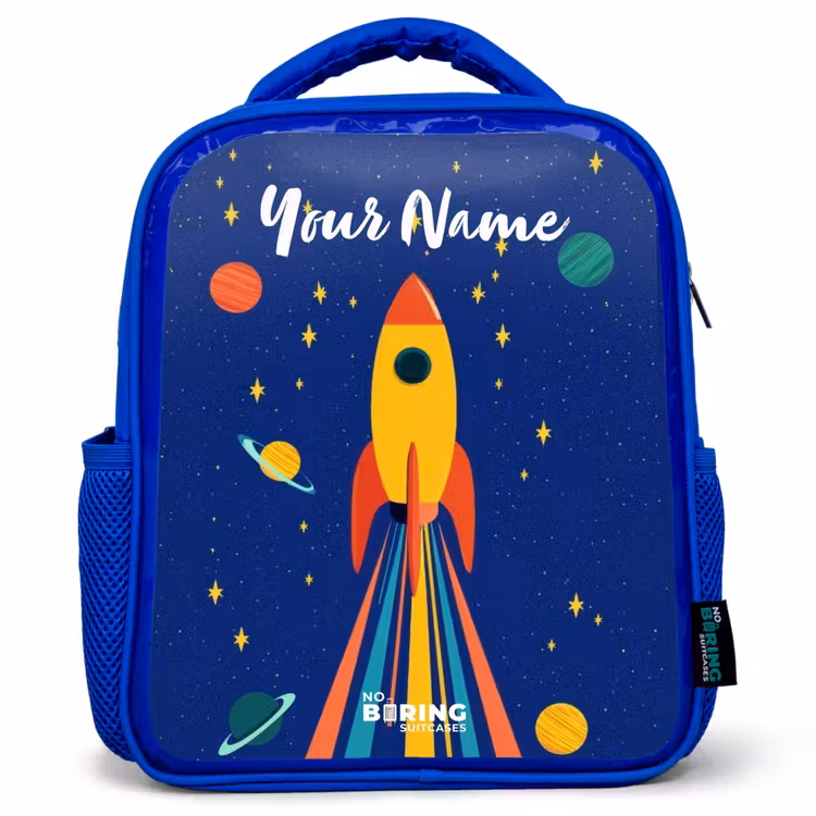 Raket - Sterren - Planeet - Ruimte Kinderrugzak - Blauw middel -3d
