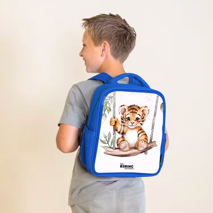 Schommelend tijgerwelpje waterverf tekening Kinderrugzak - Blauw middel -sfeer2