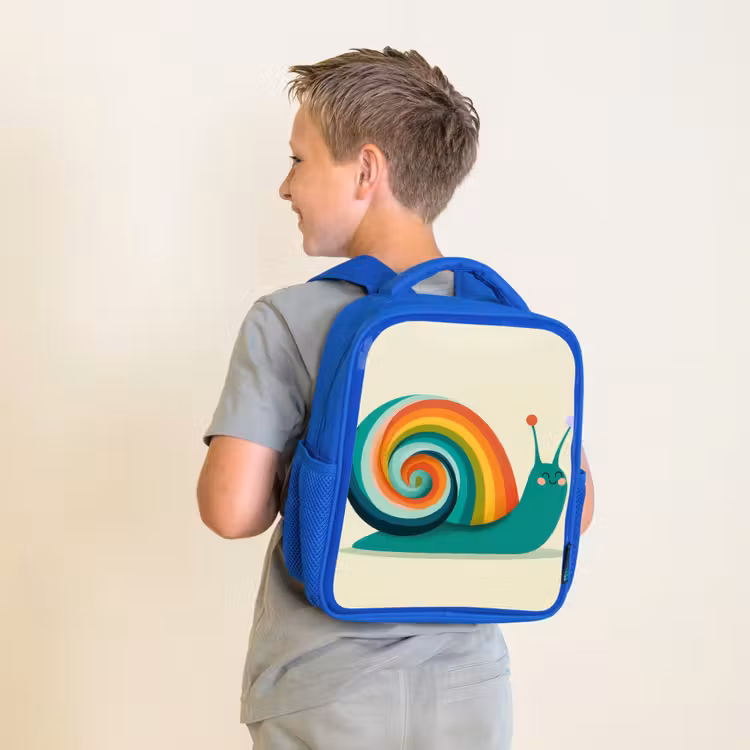 Slak - Regenboogschild - Groen Kinderrugzak - Blauw middel -sfeer2