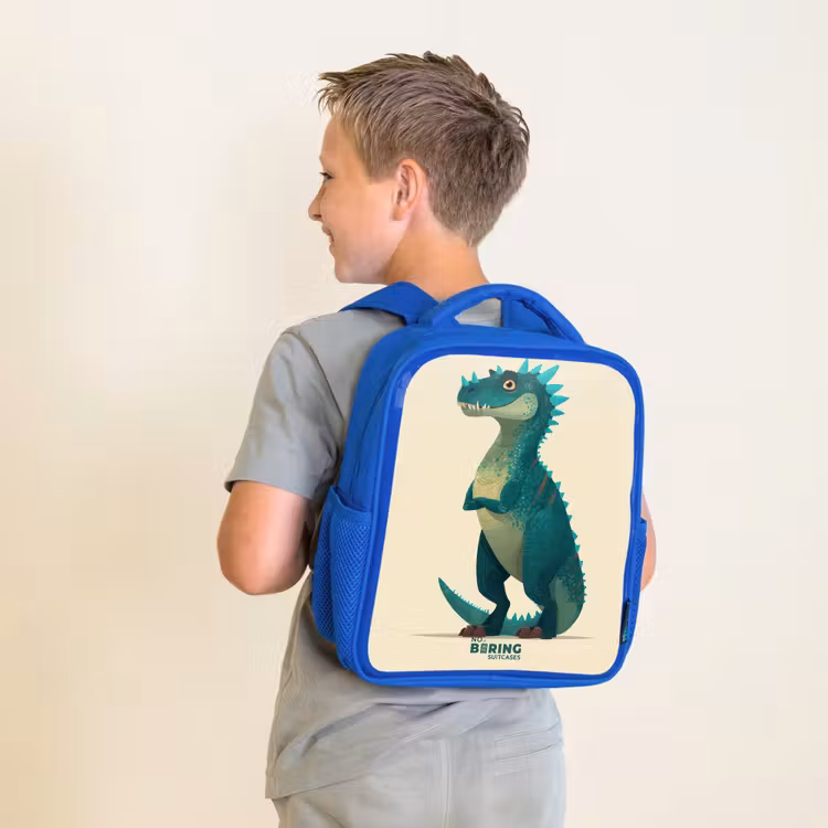 Spiky dino met vriendelijke blik Kinderrugzak - Blauw middel -sfeer2