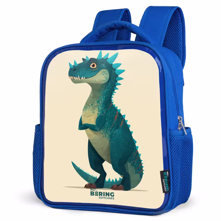 Spiky dino met vriendelijke blik Kinderrugzak - Blauw middel -schuin