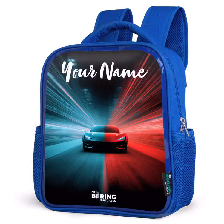Sportauto - Blauw - Neon - Stad Kinderrugzak - Blauw middel -schuin