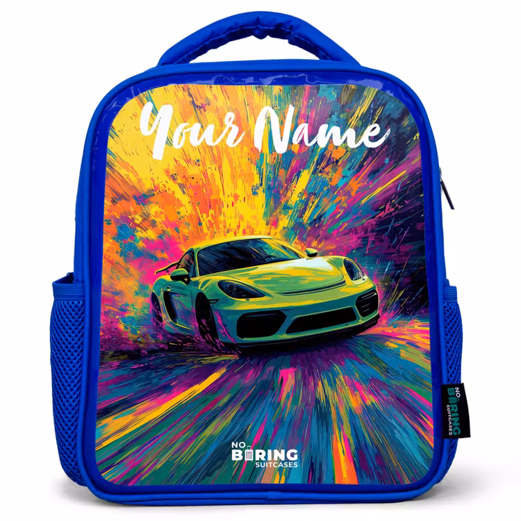Sportauto - Groen - Verfstrepen - Kleuren Kinderrugzak - Blauw middel -3d