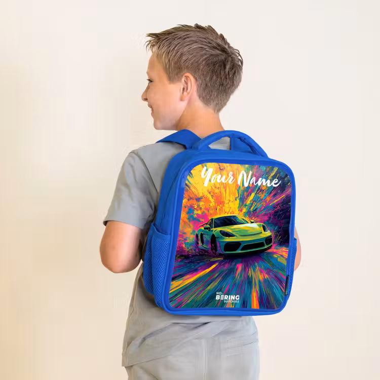 Sportauto - Groen - Verfstrepen - Kleuren Kinderrugzak - Blauw middel -sfeer2
