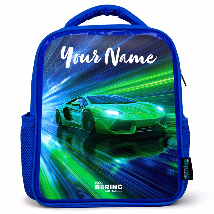Sportauto - Groen - Snelheidslijnen - Neon Kinderrugzak - Blauw middel -3d