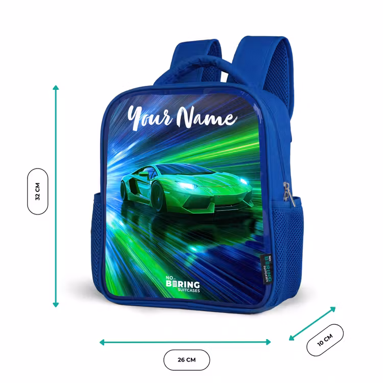 Sportauto - Groen - Snelheidslijnen - Neon Kinderrugzak - Blauw middel -productfoto_formaten
