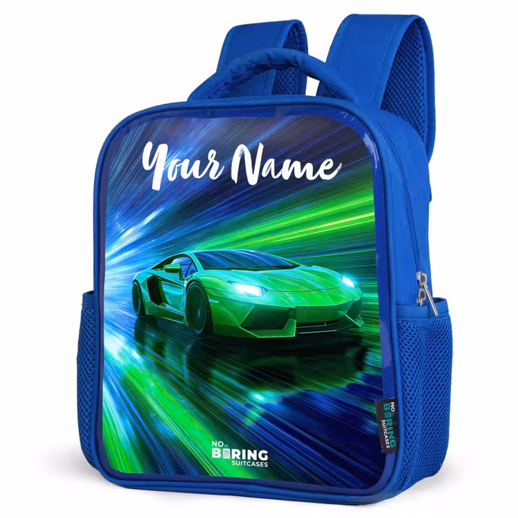 Sportauto - Groen - Snelheidslijnen - Neon Kinderrugzak - Blauw middel -schuin