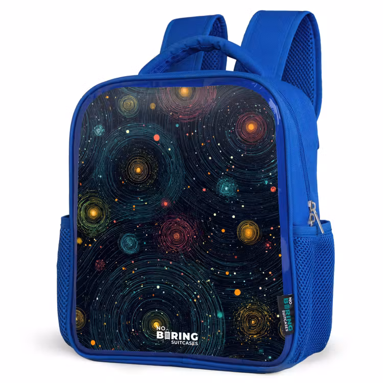 Sterren - Planeten - Kleurrijk Kinderrugzak - Blauw middel -schuin